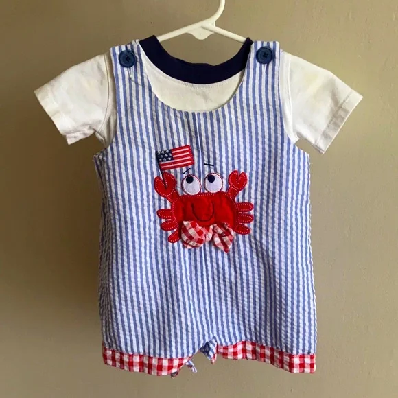 Blue striped crab seersucker romper with undershirt size 3-6 months. - Picture 1 of 4